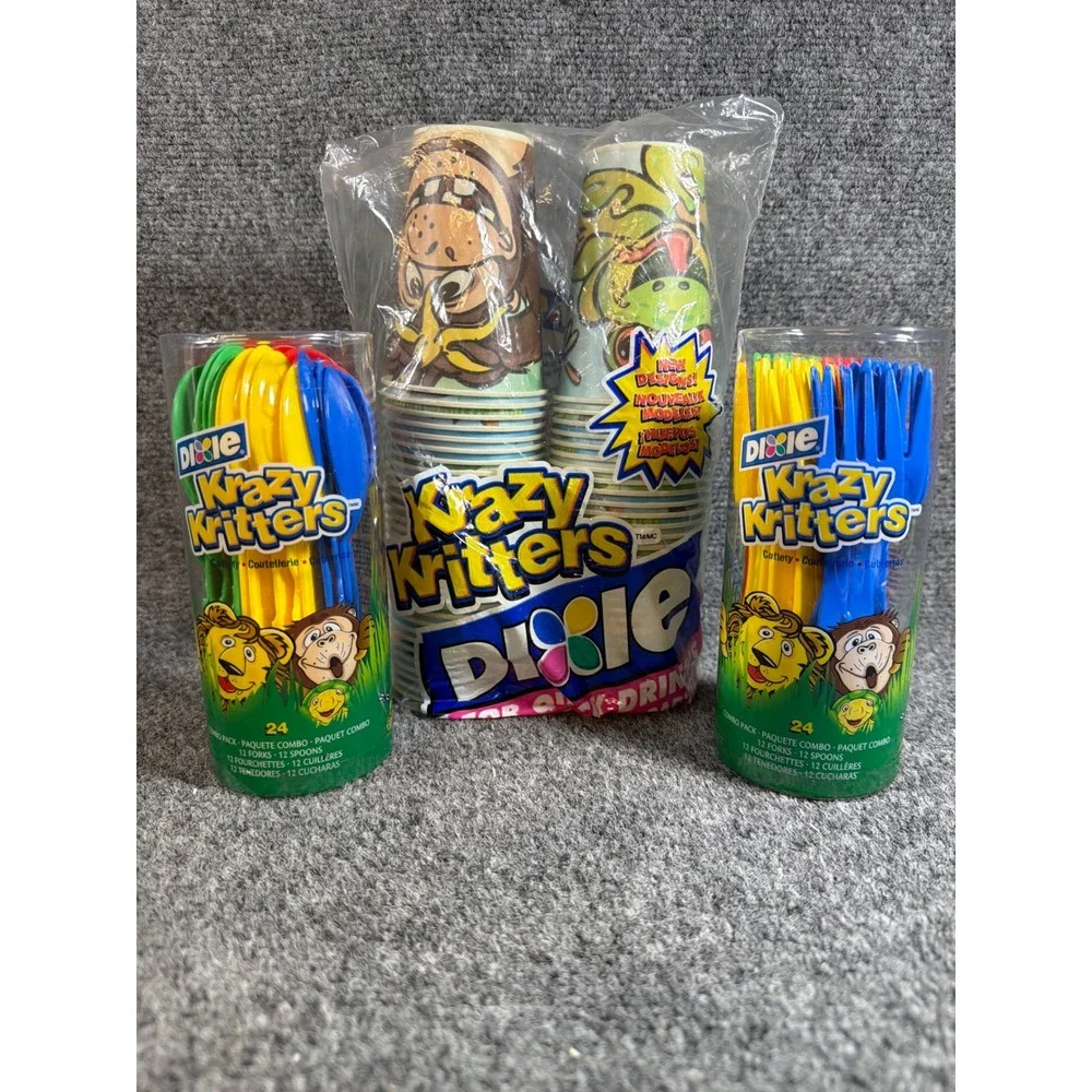 Vintage 2003 Dixie Krazy Kritters Cups and Cutlery Set Animal Theme